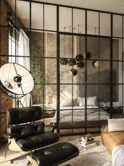 Loft mit schwarzer Glaswand und Stahlrahmen